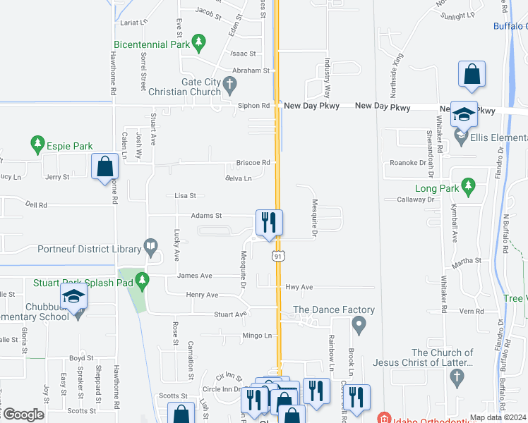 map of restaurants, bars, coffee shops, grocery stores, and more near 120 Adams Street in Pocatello