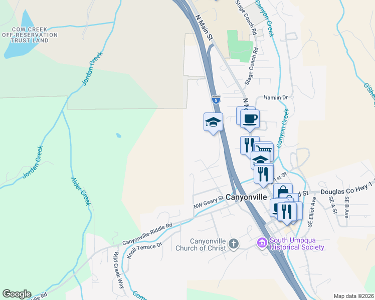 map of restaurants, bars, coffee shops, grocery stores, and more near 536 Annis Street in Canyonville