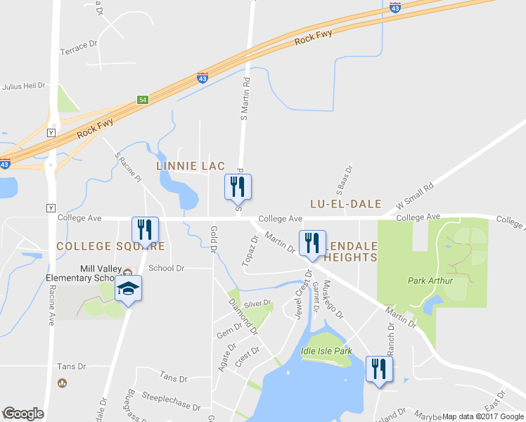map of restaurants, bars, coffee shops, grocery stores, and more near 18590 College Avenue in New Berlin