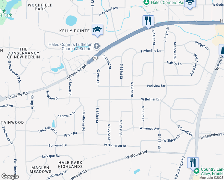 map of restaurants, bars, coffee shops, grocery stores, and more near 12141 Parkview Lane in Hales Corners