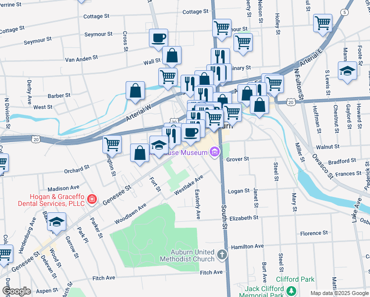 map of restaurants, bars, coffee shops, grocery stores, and more near 151 Genesee Street in Auburn
