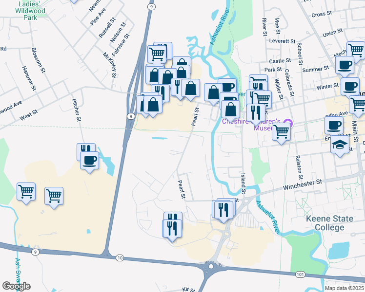 map of restaurants, bars, coffee shops, grocery stores, and more near 123 Pearl Street in Keene