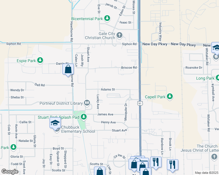 map of restaurants, bars, coffee shops, grocery stores, and more near 301 Adams Street in Pocatello