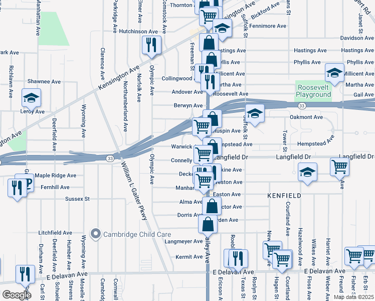 map of restaurants, bars, coffee shops, grocery stores, and more near 66 Connelly Avenue in Buffalo