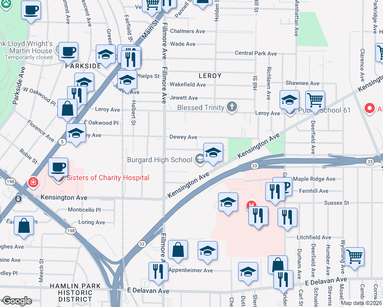 map of restaurants, bars, coffee shops, grocery stores, and more near 52 Van Gorder Street in Buffalo