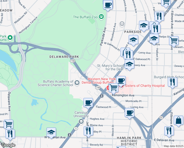 map of restaurants, bars, coffee shops, grocery stores, and more near 78 Humboldt Parkway in Buffalo