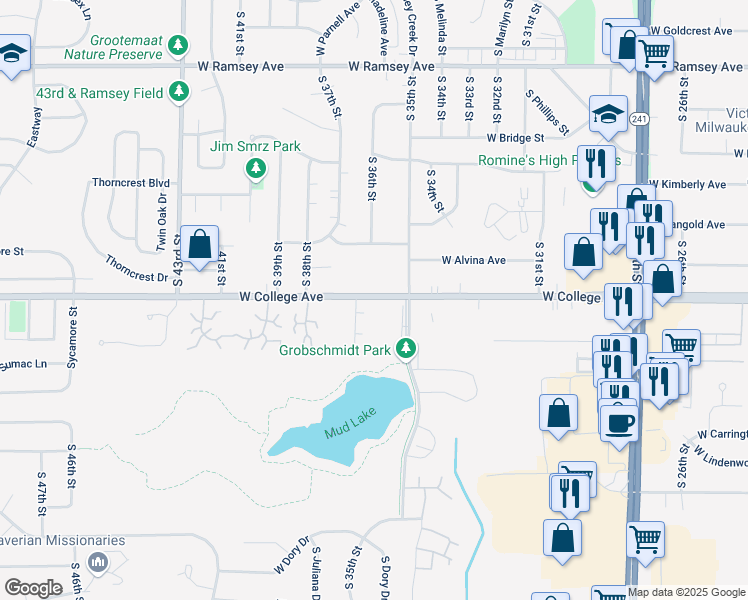 map of restaurants, bars, coffee shops, grocery stores, and more near 3659 West College Avenue in Milwaukee