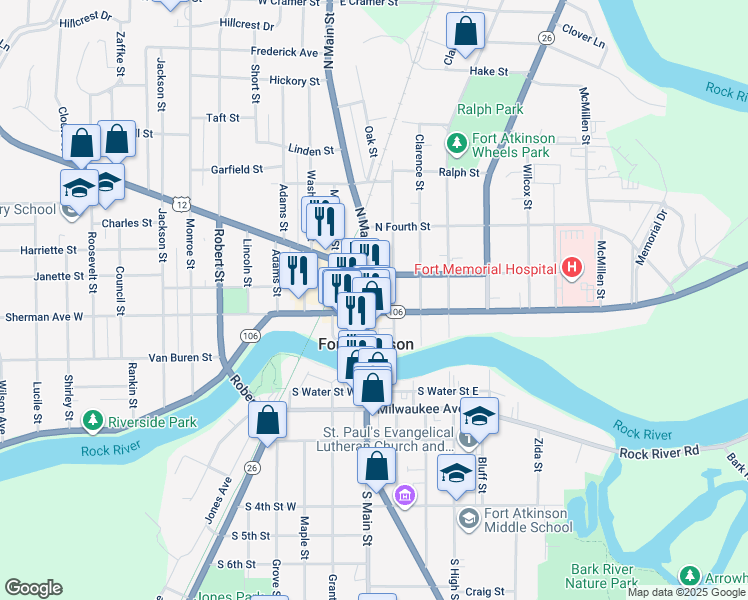 map of restaurants, bars, coffee shops, grocery stores, and more near 28 Wisconsin 106 in Fort Atkinson