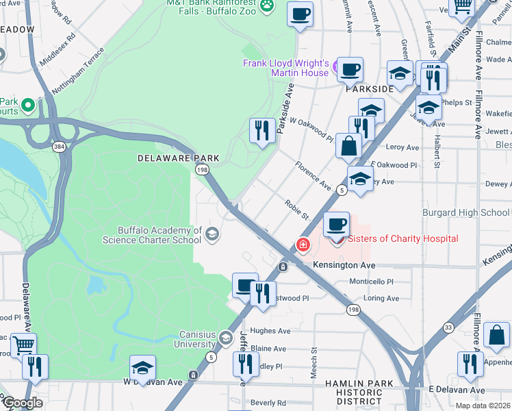map of restaurants, bars, coffee shops, grocery stores, and more near 78 Humboldt Parkway in Buffalo