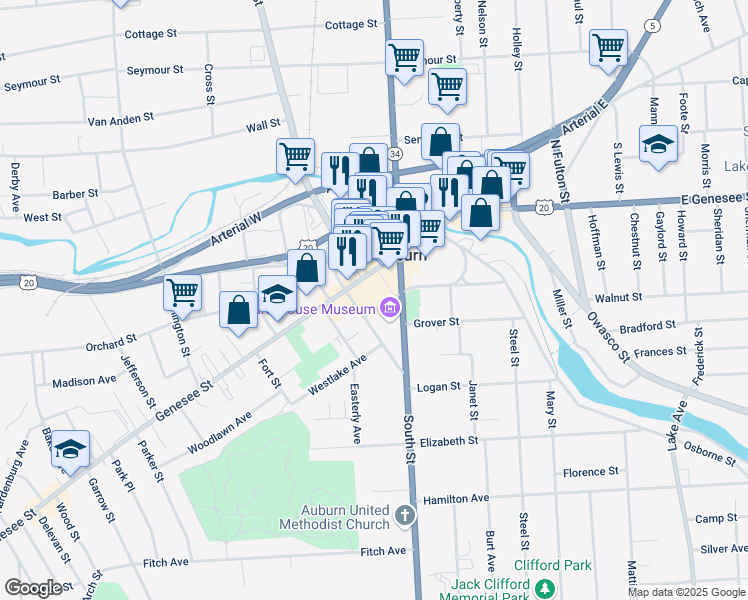map of restaurants, bars, coffee shops, grocery stores, and more near 1 Lincoln Street in Auburn