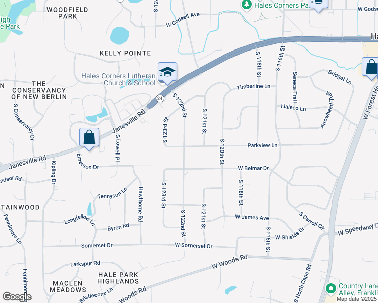 map of restaurants, bars, coffee shops, grocery stores, and more near 12141 Parkview Lane in Hales Corners