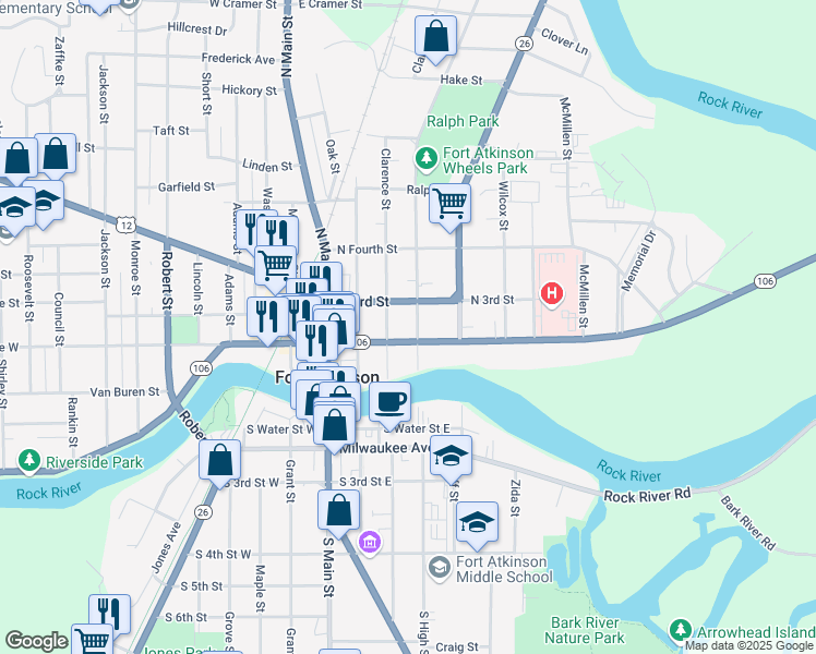 map of restaurants, bars, coffee shops, grocery stores, and more near 213 Sherman Avenue East in Fort Atkinson
