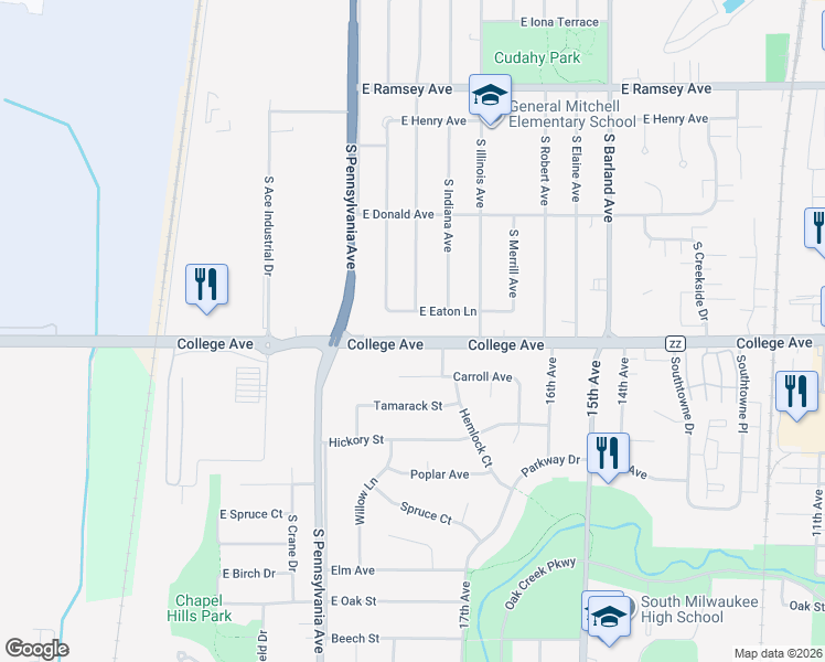 map of restaurants, bars, coffee shops, grocery stores, and more near 2536 East College Avenue in Cudahy