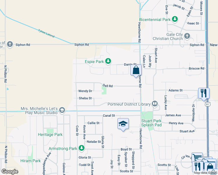 map of restaurants, bars, coffee shops, grocery stores, and more near 649 Dell Road in Chubbuck