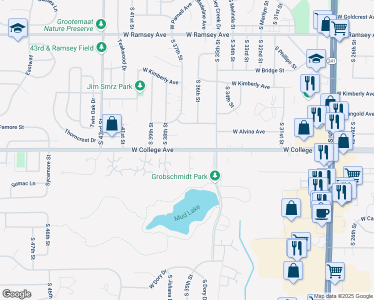 map of restaurants, bars, coffee shops, grocery stores, and more near 3659 West College Avenue in Milwaukee