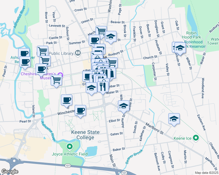 map of restaurants, bars, coffee shops, grocery stores, and more near 162 Main Street in Keene