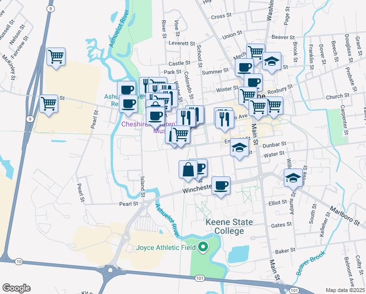 map of restaurants, bars, coffee shops, grocery stores, and more near 160 Emerald Street in Keene