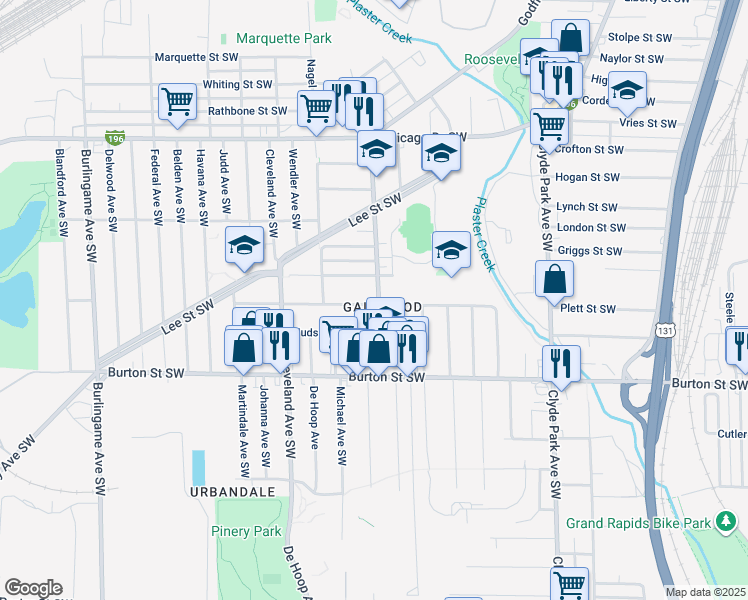 map of restaurants, bars, coffee shops, grocery stores, and more near 1902 Godfrey Avenue Southwest in Wyoming