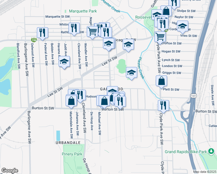 map of restaurants, bars, coffee shops, grocery stores, and more near 1902 Godfrey Avenue Southwest in Wyoming