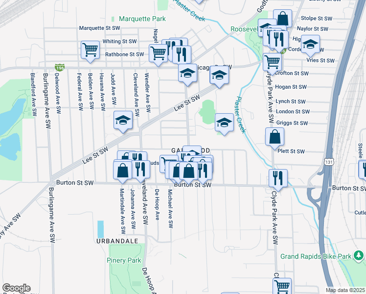 map of restaurants, bars, coffee shops, grocery stores, and more near 1902 Godfrey Avenue Southwest in Wyoming