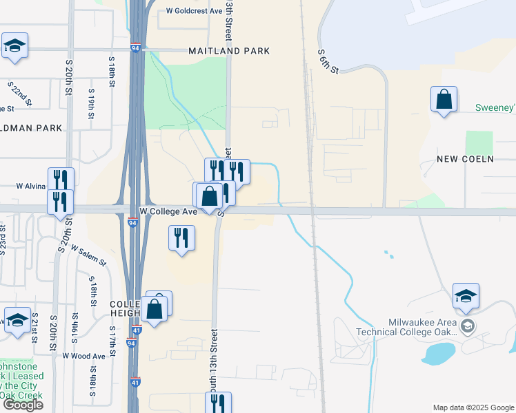 map of restaurants, bars, coffee shops, grocery stores, and more near 1001 County Road ZZ in Oak Creek