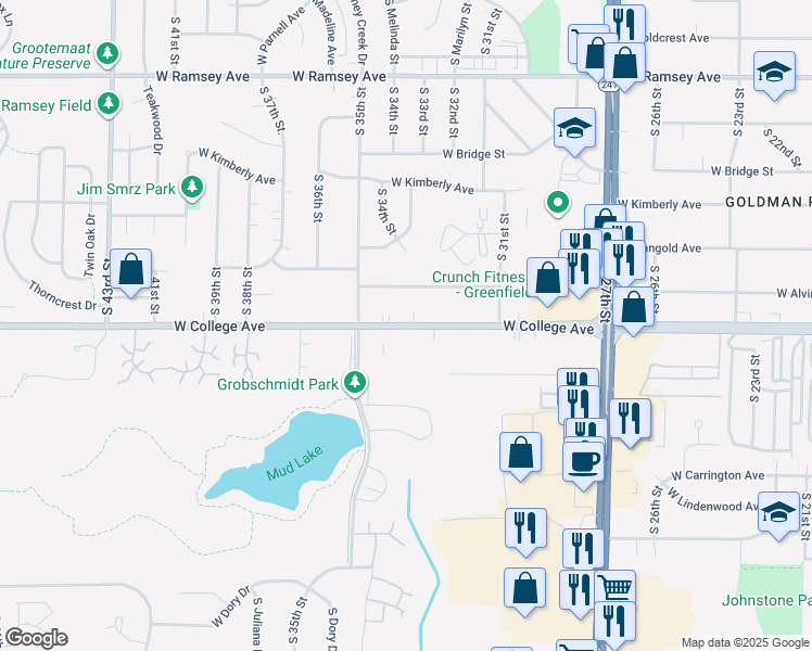 map of restaurants, bars, coffee shops, grocery stores, and more near 3231 West College Avenue in Milwaukee