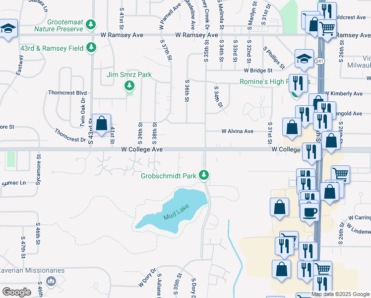 map of restaurants, bars, coffee shops, grocery stores, and more near 3659 West College Avenue in Milwaukee