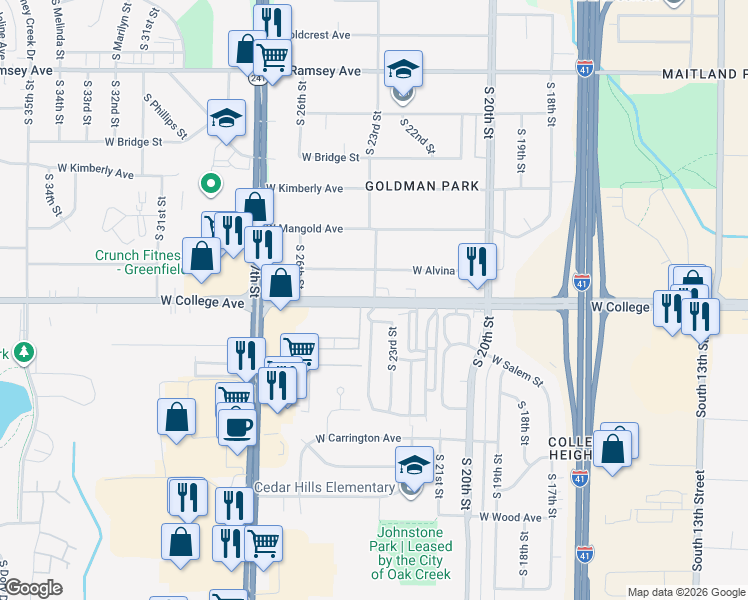 map of restaurants, bars, coffee shops, grocery stores, and more near West College Avenue & South 23rd Street in Milwaukee