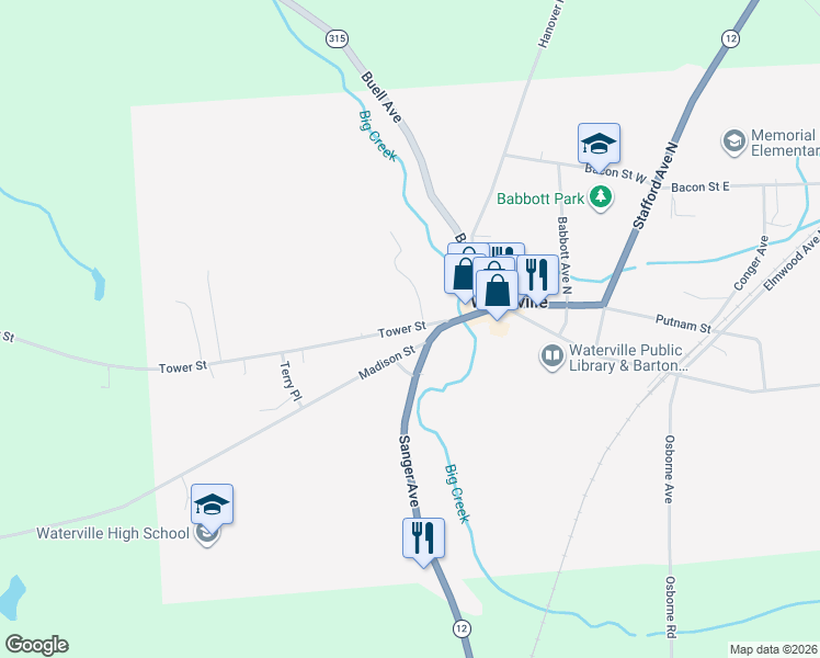 map of restaurants, bars, coffee shops, grocery stores, and more near 307 Tower Street in Waterville