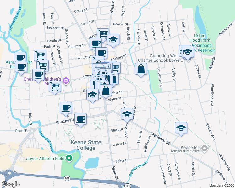 map of restaurants, bars, coffee shops, grocery stores, and more near 42 Water Street in Keene