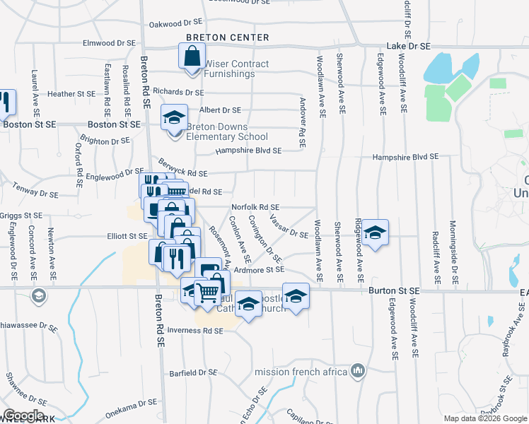 map of restaurants, bars, coffee shops, grocery stores, and more near 2705 Vassar Drive Southeast in Grand Rapids