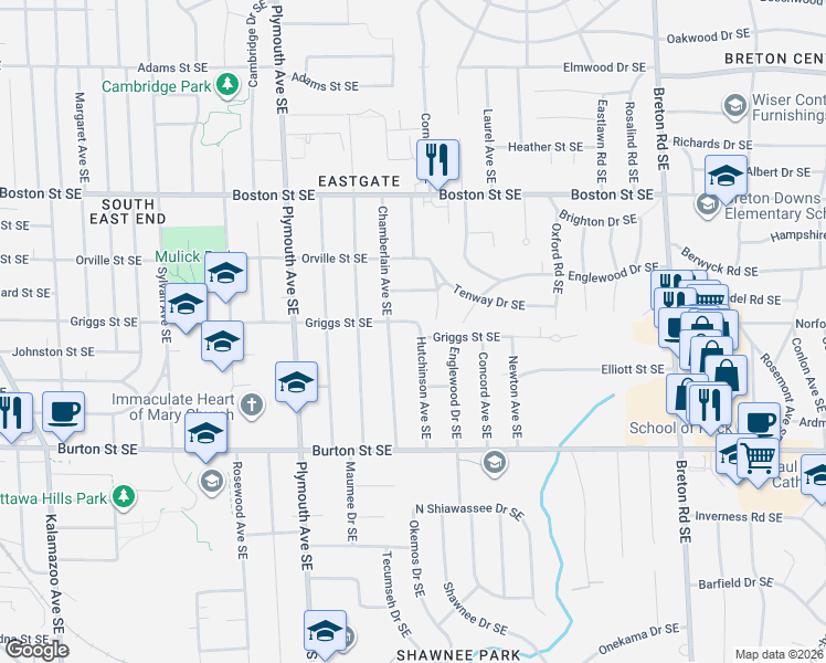 map of restaurants, bars, coffee shops, grocery stores, and more near 1824 Chamberlain Avenue Southeast in Grand Rapids