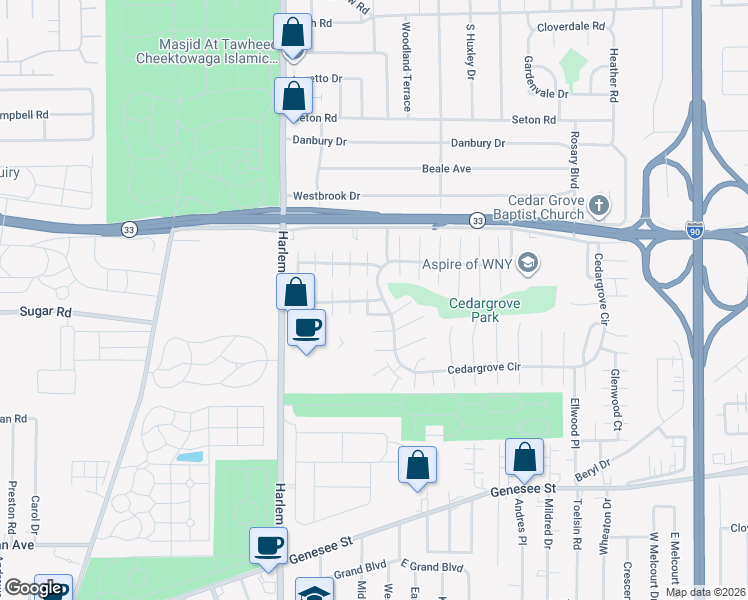 map of restaurants, bars, coffee shops, grocery stores, and more near 91 Windwood Courts in Cheektowaga