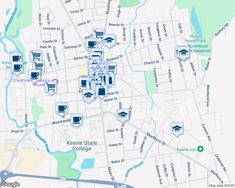 map of restaurants, bars, coffee shops, grocery stores, and more near 42 Water Street in Keene