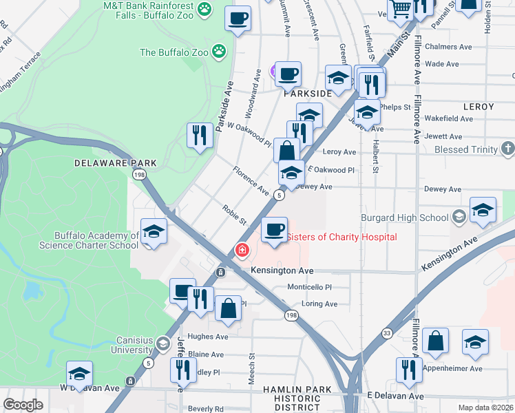 map of restaurants, bars, coffee shops, grocery stores, and more near 2214 Main Street in Buffalo