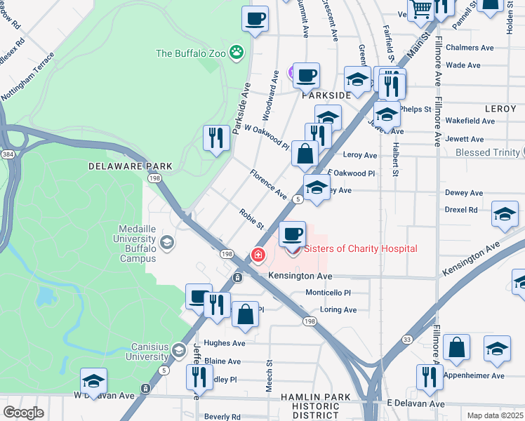 map of restaurants, bars, coffee shops, grocery stores, and more near 24 Robie Street in Buffalo