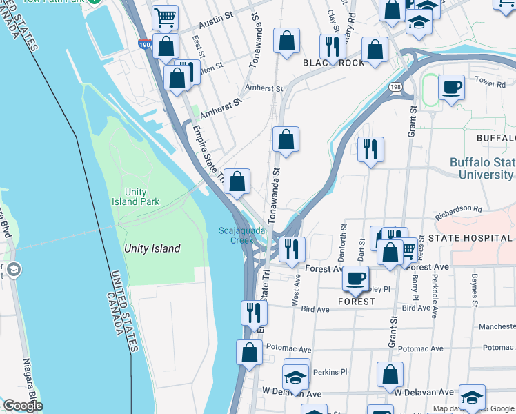 map of restaurants, bars, coffee shops, grocery stores, and more near in Buffalo