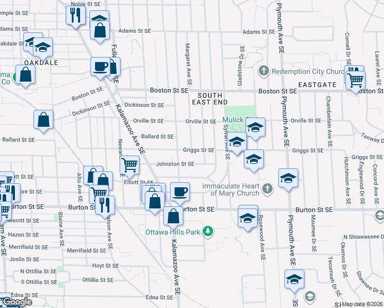map of restaurants, bars, coffee shops, grocery stores, and more near 1453 Johnston Street Southeast in Grand Rapids