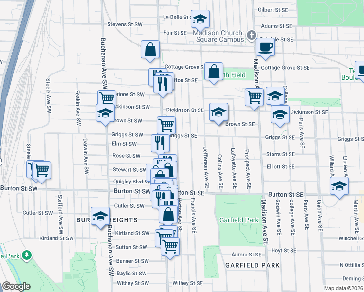 map of restaurants, bars, coffee shops, grocery stores, and more near 1840 Horton Avenue Southeast in Grand Rapids