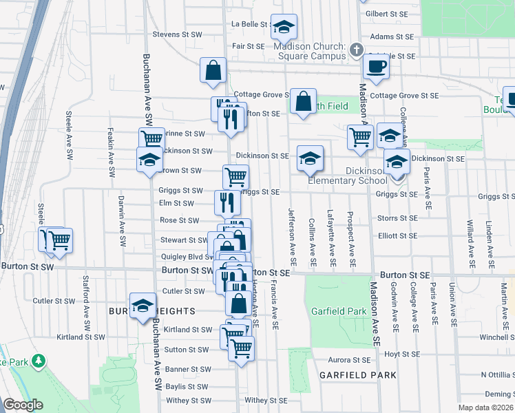 map of restaurants, bars, coffee shops, grocery stores, and more near 1840 Horton Avenue Southeast in Grand Rapids