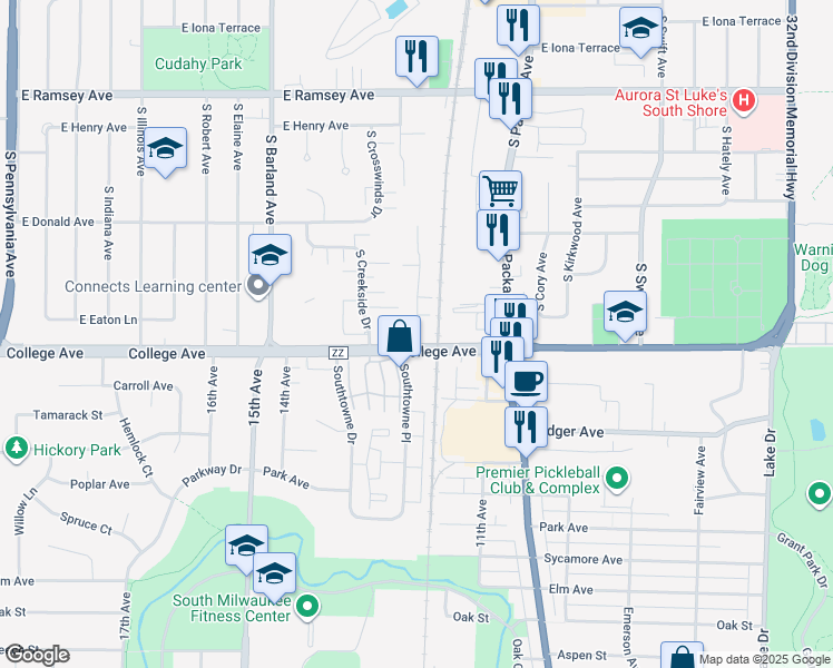 map of restaurants, bars, coffee shops, grocery stores, and more near 3506 East College Avenue in Cudahy