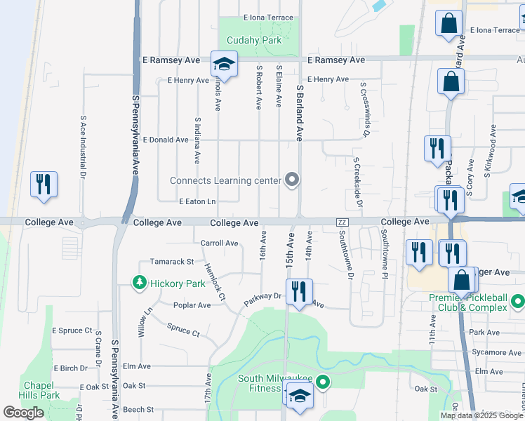 map of restaurants, bars, coffee shops, grocery stores, and more near 2926 College Avenue in Cudahy