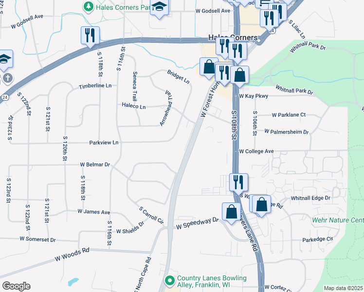 map of restaurants, bars, coffee shops, grocery stores, and more near 11100 West Forest Home Avenue in Franklin