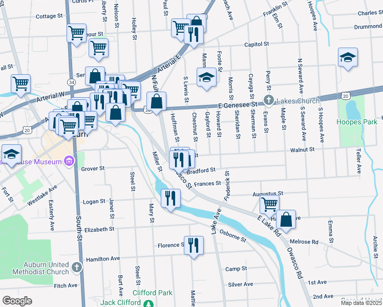 map of restaurants, bars, coffee shops, grocery stores, and more near 62 Owasco Street in Auburn