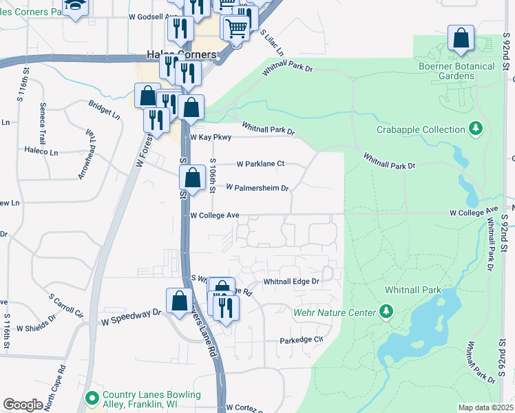 map of restaurants, bars, coffee shops, grocery stores, and more near 10459 West College Avenue in Hales Corners