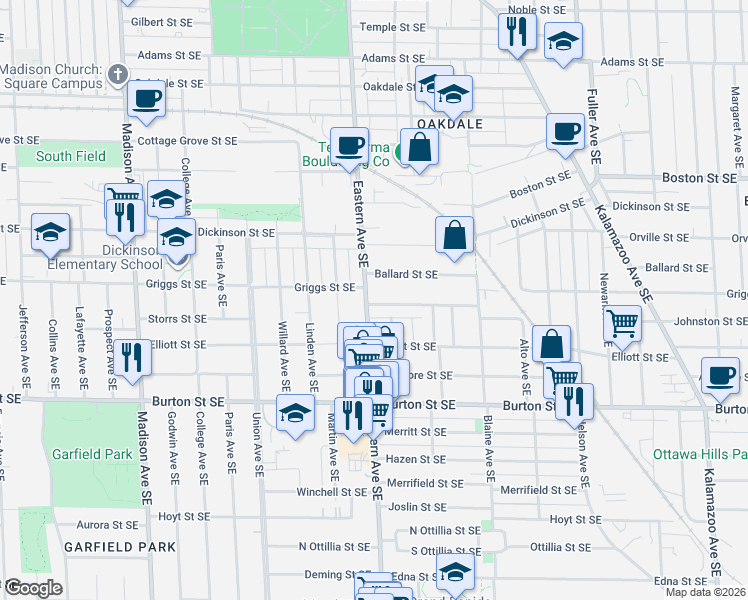 map of restaurants, bars, coffee shops, grocery stores, and more near 1831 Eastern Avenue Southeast in Grand Rapids
