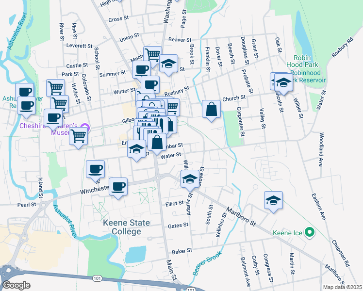 map of restaurants, bars, coffee shops, grocery stores, and more near 42 Water Street in Keene