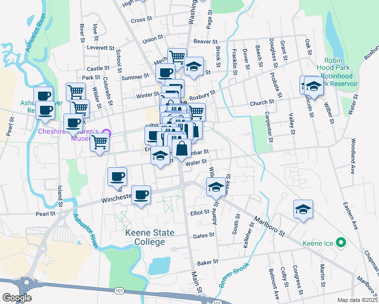 map of restaurants, bars, coffee shops, grocery stores, and more near 162 Main Street in Keene