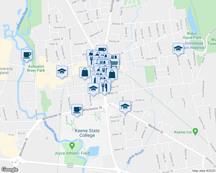 map of restaurants, bars, coffee shops, grocery stores, and more near 162 Main Street in Keene