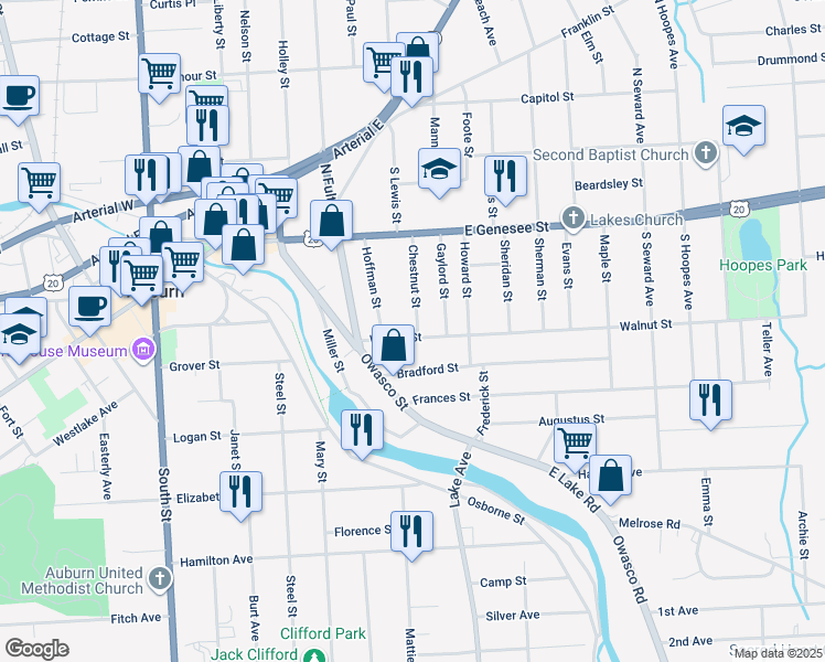 map of restaurants, bars, coffee shops, grocery stores, and more near 16 Walnut Street in Auburn